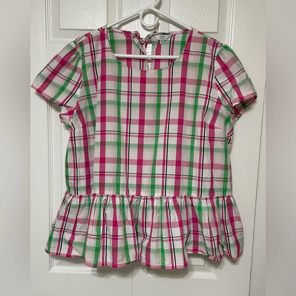Crown & Ivy Peplum Plaid Top in Pink and Green - Picture 1 of 6